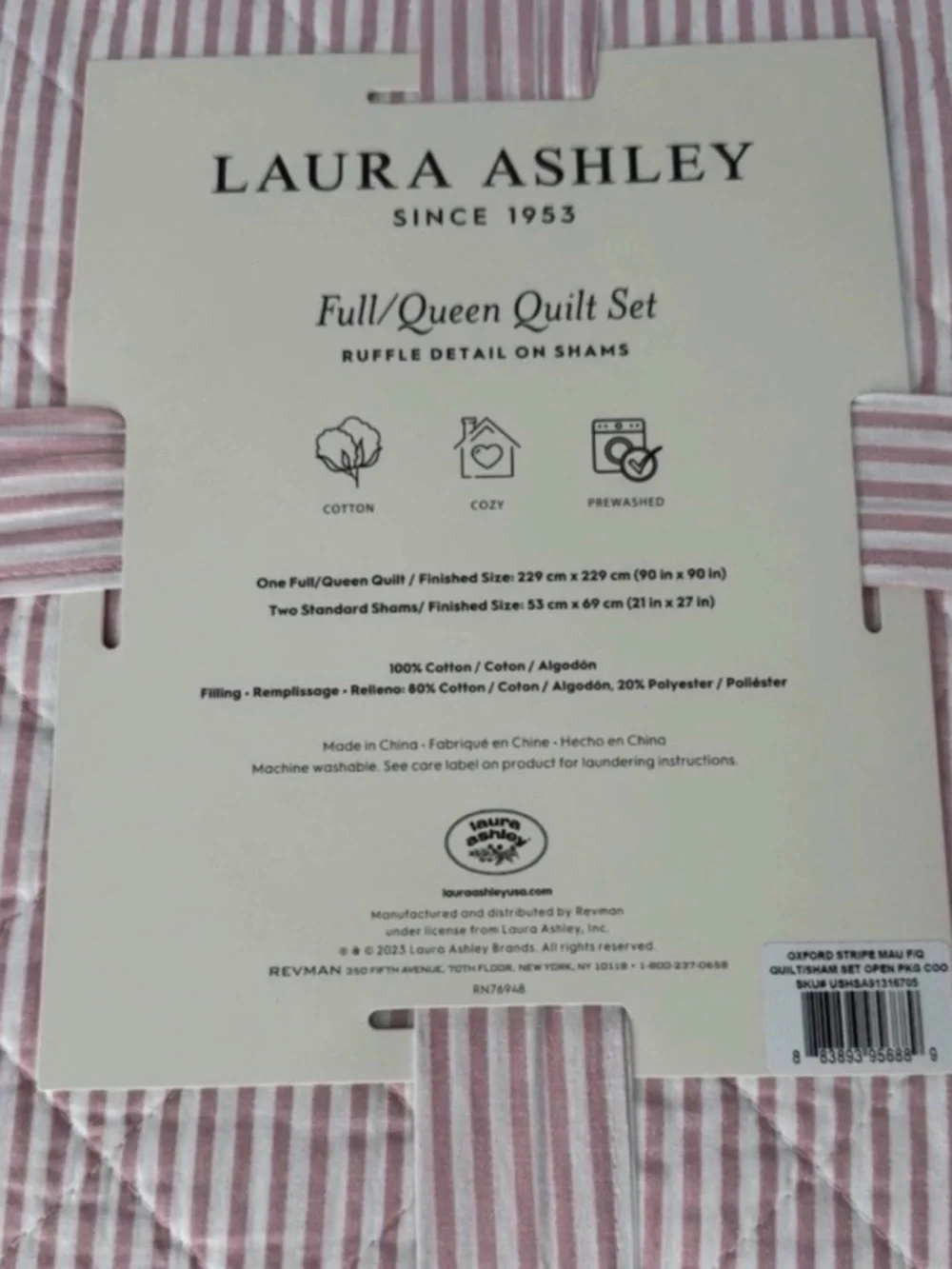 Laura Ashley ~ Full/Queen PINK Oxford Stripe Quilt/Sham Set ~ Reversible Cotton